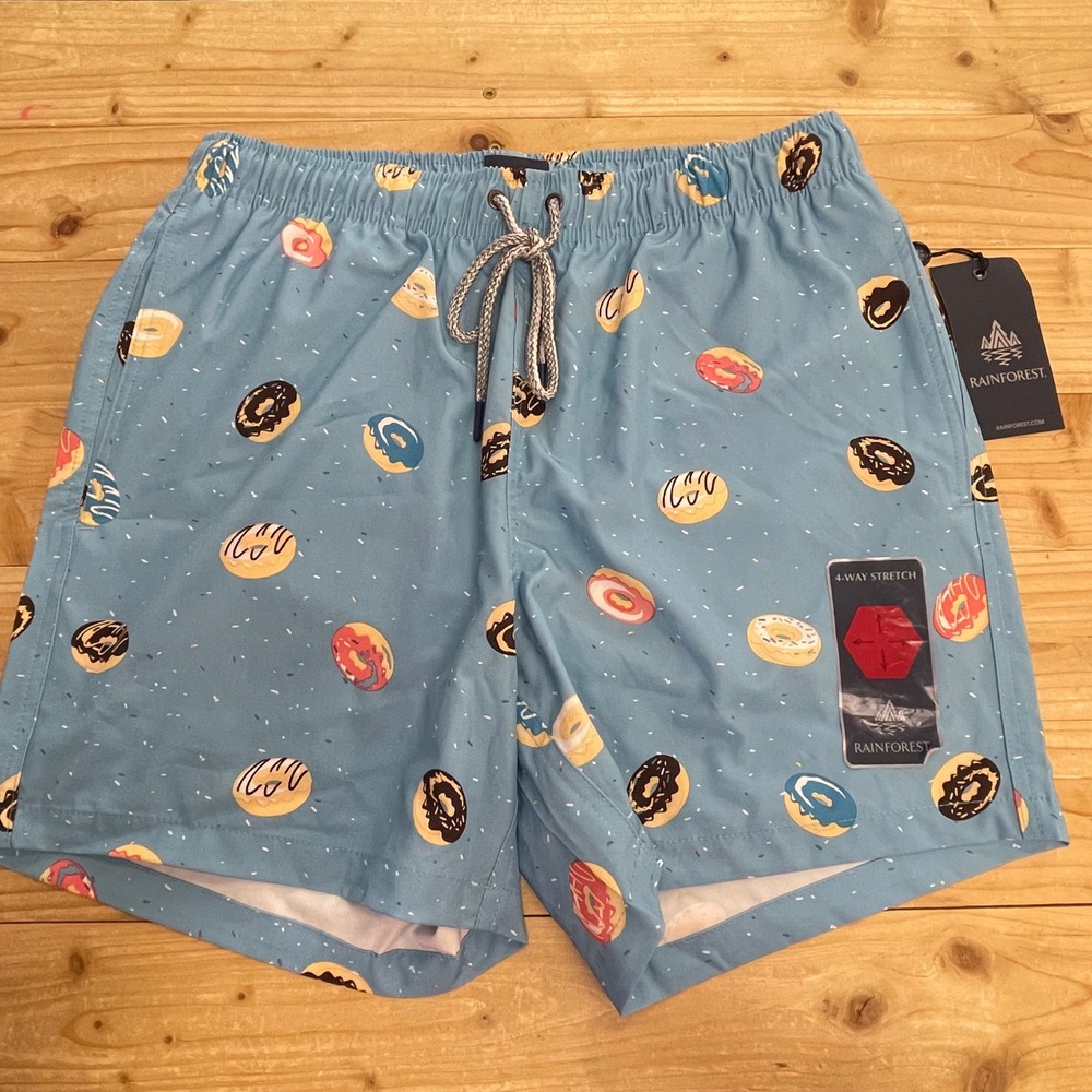 Rainforest Donut Print Swim Trunks Men's Small Blue Casual Shorts NWT